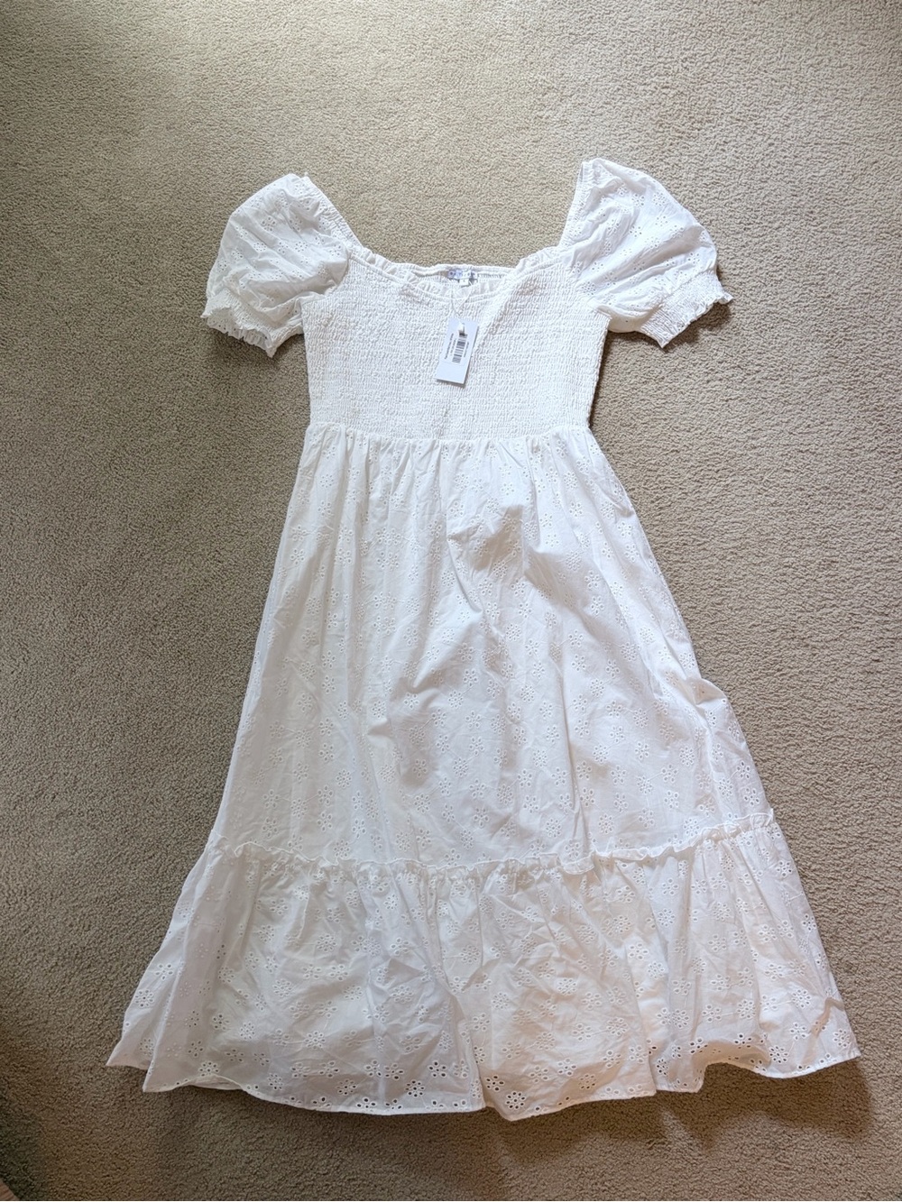 Baltic Born White Smocked Eyelet Midi Dress